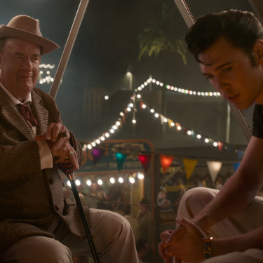 “I’m not interested in malevolence, I’m interested in motivation,” says Hanks of playing Colonel Tom Parker opposite Austin Butler, right, in Baz Luhrmann’s Elvis.