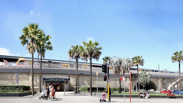 A render of the linear ramp above the entrance to Milsons Point station.