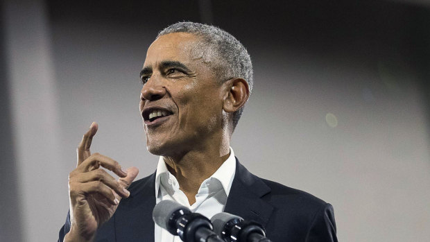 Former president Barack Obama  at a rally in Atlanta.