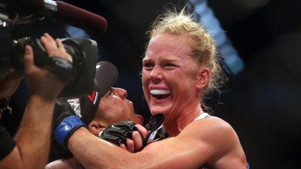 Holly Holm celebrates her win over Ronda Rousey in Melbourne in 2015.