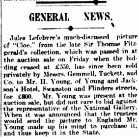 An article in The Argus newspaper in September 27, 1909, about the sale of the painting Chloe to Henry Young of Young and Jackson’s Hotel.