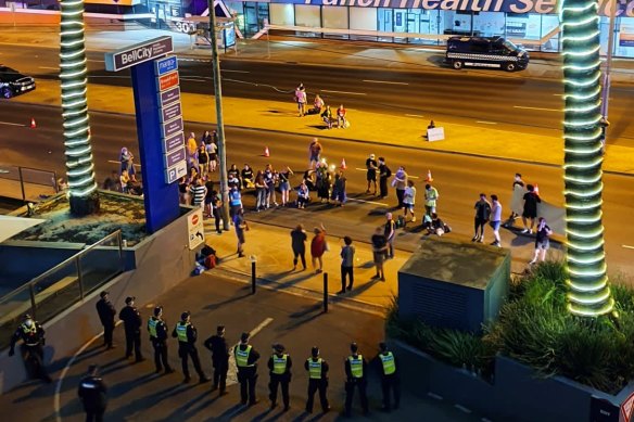 Police and protesters outside the Mantra hotel in Preston on Monday night.