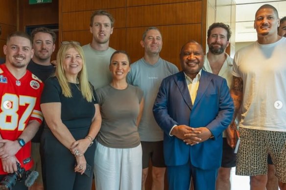 Podcasters from Levels, The Bye Round and Hello Sport, along with Kera Peters, PNG PM James Marape, and Chiefs CEO Lorna McPherson, in Port Moresby this week.