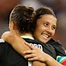 Sam Kerr and Caitlin Foord celebrate the win.