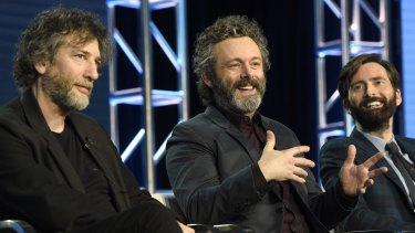 From left: Showrunner Neil Gaiman, Michael Sheen and David Tennant participate in the Amazon Good Omens panel at the Winter Television Critics Association Press Tour earlier this year