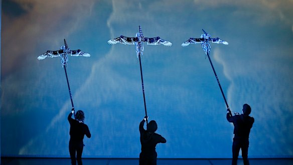 L-R: Puppeteers Emily Burton and Ellen Bailey, Drew Wilson with the eerie birds.