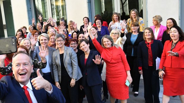 Opposition Leader Bill Shorten takes a selfie with Labor's female MPs last year.
