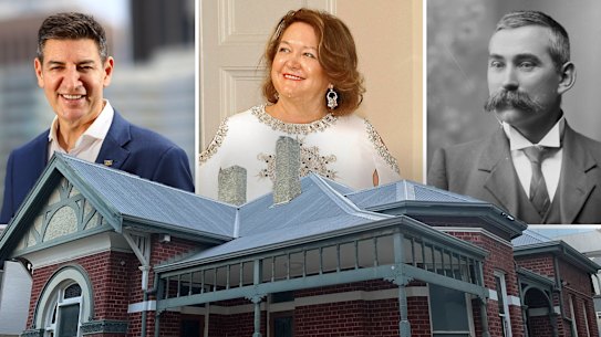 Lord Mayor Basil Zempilas, billionaire proponent of the development Gina Rinehart and the property’s first resident William Walter.