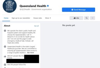 Queensland Health’s Facebook page has been wiped.