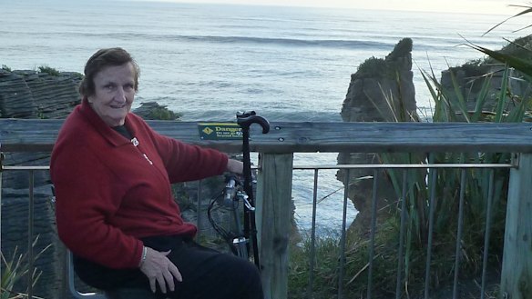 Ann Begbie, 87 at Punakaiki Rocks on the South Island of New Zealand.