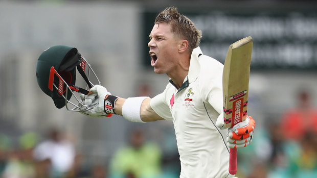 David Warner celebrates a century before lunch on the first day of the SCG Test in 2017.