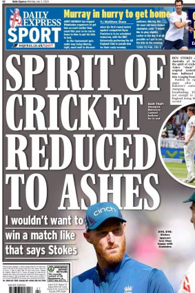Front page of the Daily Express after the Ashes Jonny Bairstow stumping controversy at Lord’s.