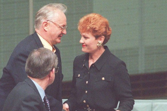 Although Pauline Hanson (pictured) had been disendorsed by the Liberal Party by the time she was elected to federal parliament in 1996, party leader and prime minister John Howard welcomed her right to free speech.