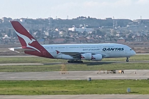 QF1 on the tarmac at Baku airport in Azerbaijan after making an emergency landing.