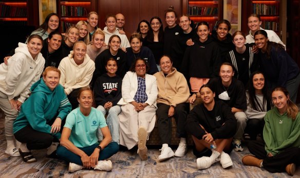 The Matildas’ World Cup squad with Cathy Freeman in Melbourne last week.