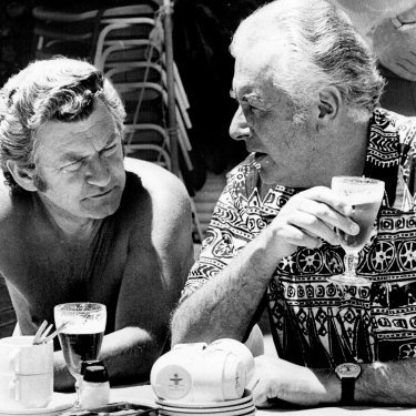 Bob Hawke and Gough Whitlam enjoy a poolside beer at the ALP Conference, Terrigal, 1975. 