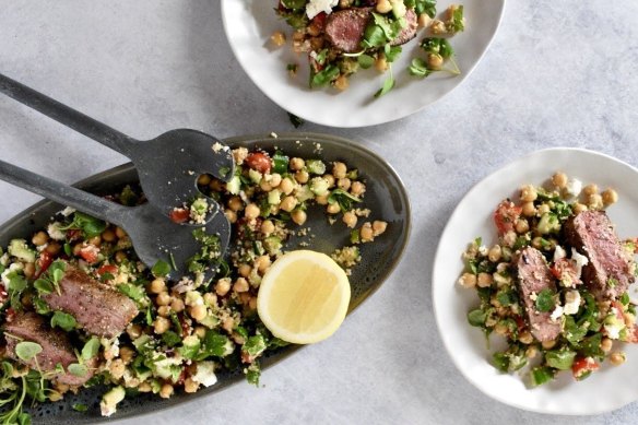 Gently spiced lamb and a herb-strewn grain salad make a healthy and satisfying meal.