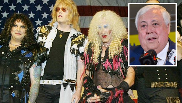 Clive Palmer, inset, says he does not need to pay to use a reworked version of the Twisted Sister song in his political advertisements.  Dee Snider, right, is expected to give evidence.