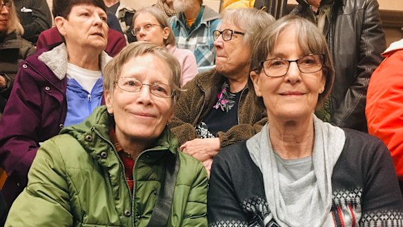 Friends Kathlen O'Malley and Deborah Guthrie at a Joe Biden rally in Waukee, Iowa. 