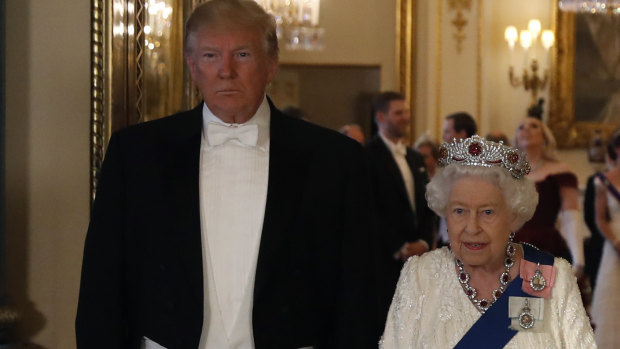 US President Donald Trump, pictured with the Queen, is also visiting London.