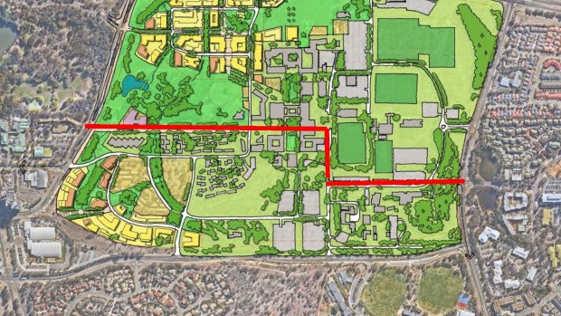 An early proposal for the light rail route through the University of Canberra. 