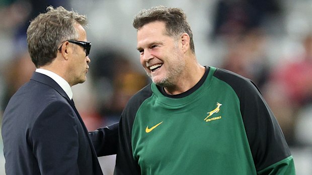 South Africa coach Rassie Erasmus (right) with France coach Fabien Galthie.