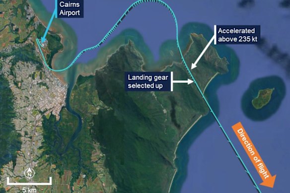 The flight path of the Alliance Airlines plane that departed Cairns Airport without retracting its landing gear.