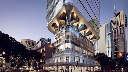 Renders of Brisbane Place, a commercial tower proposed for the Stock Exchange Hotel site in the CBD.