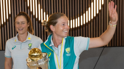 ‘Really special’: Emotional scenes as women’s cricket stars start celebrating with family and friends