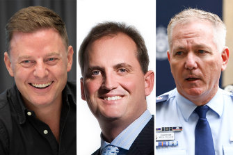 The players: 2GB’s Ben Fordham, Teacher’s Pet journalist Hedley Thomas and former police commissioner Mick Fuller.