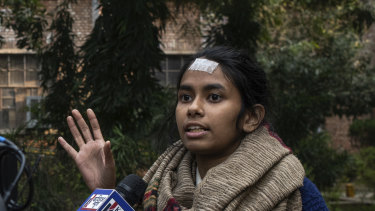 Aishe Ghosh, president of the student body at Jawaharlal Nehru University, speaks to reporters in New Delhi on Wednesday. Ghosh has called India under Prime Minister Narendra Modi “a Germany in the making.”