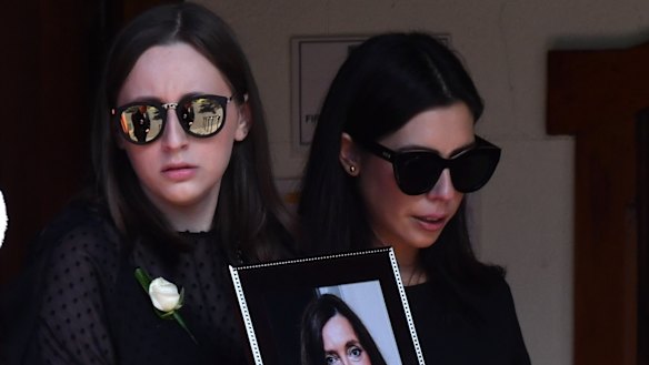 Sarah Ristevski (left) at the funeral service for her mother, Karen, in Essendon on March 6, 2017.