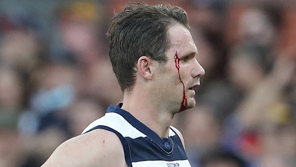 A bloodied Patrick Dangerfield comes off during the clash with Adelaide.