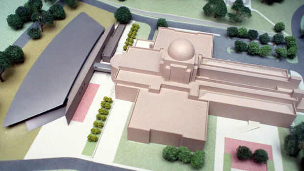 An artist impression of Anzac Hall, the grey building on the far left. It was completed in 2001.