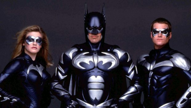 Alicia Silverstone as Bat Girl, George Clooney as Batman and Chris O'Donnell as Robin in Batman & Robin.
