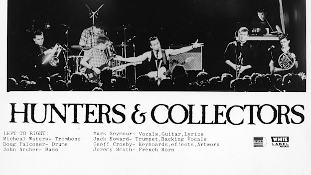 A publicity picture of Hunters & Collectors from White Label Records with Seymour in the centre. 