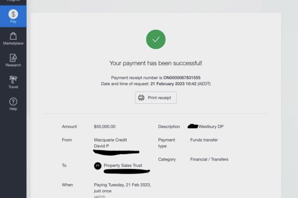 Prince-Popovich’s alleged fake transaction receipt for the deposit on the Launceston home. 