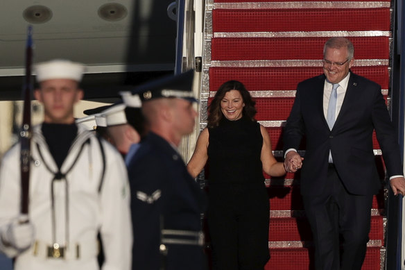 Prime Minister Scott Morrison and wife Jenny arrive in the United States where Donald Trump will host a state dinner at the White House. 