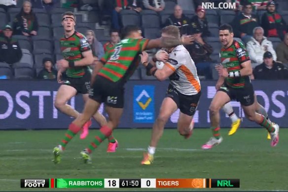 Tigers back-rower Luke Garner says Mitchell apologised after the match for this high shot.