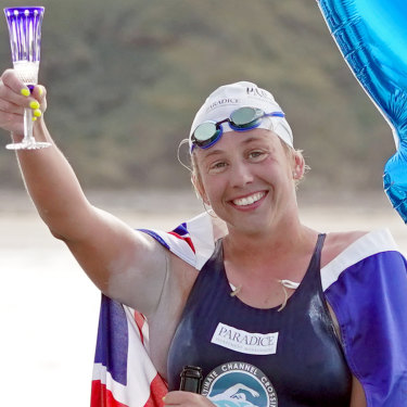 McCardel celebrating breaking the record last year, with her 44th crossing.