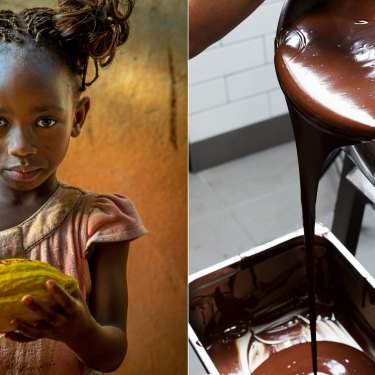 Above left: in Ivory Coast, more than a third of children in agricultural households were found to be engaging in hazardous labour, much of it on cocoa farms. Above right: Melbourne bean-to-bar operation Cuvée produces a tonne of chocolate every month. 
