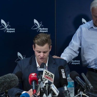 Smith’s tearful press conference, with dad Peter, on his return to Australia.
