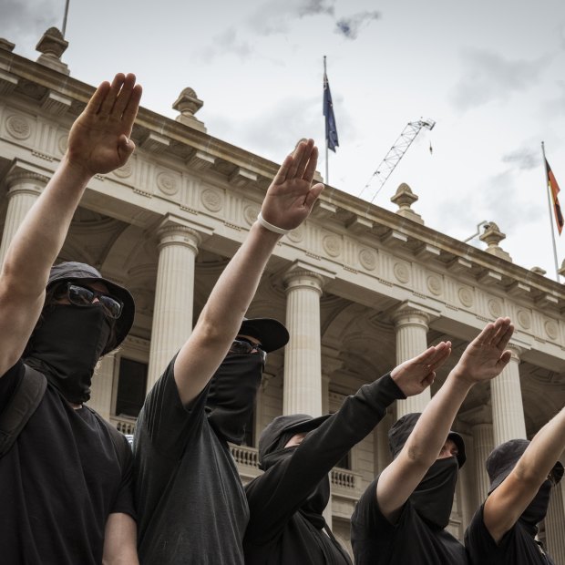 Neo-Nazis salute outside Parliament House in Melbourne during the Let Women Speak rally in March.