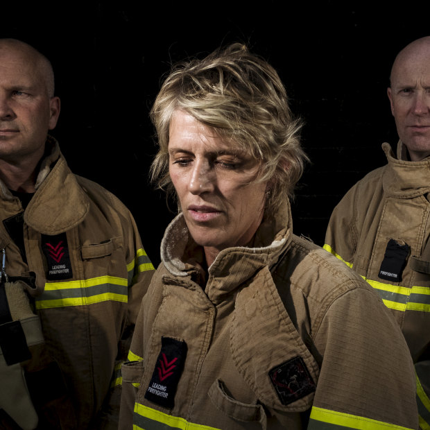 Firefighters Jason Dale, Kat Dunell and Adrian Lovelace, who were part of the crew tasked to fight the chemical fire at West Footscray last year.