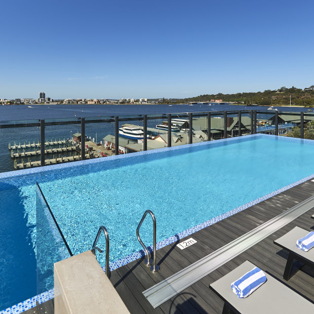 Waterfront views from Doubletree’s rooftop bar and pool.