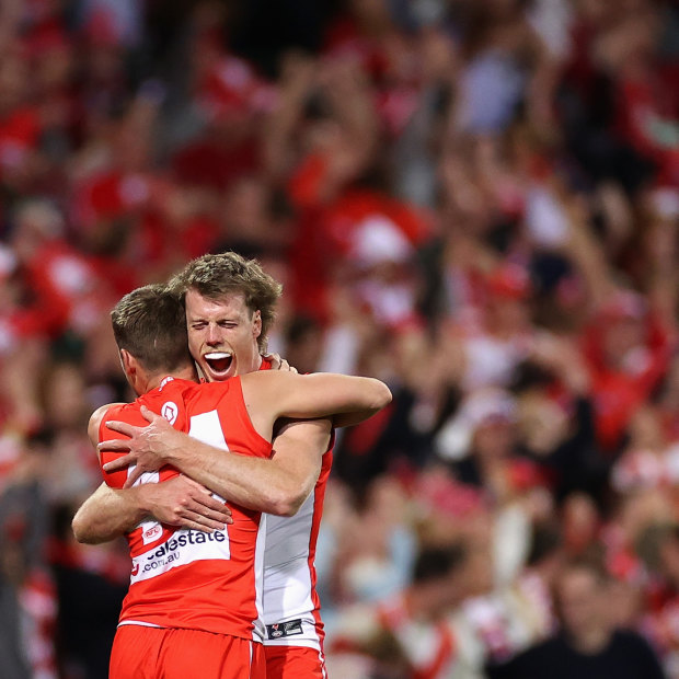Jake Lloyd and Nick Blakey  celebrate their win over Collingwood in the preliminary final. 
