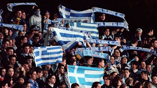 South Melbourne fans with Greek flags at the 2000 Ericsson Cup grand final against Carlton at Olympic Park. 