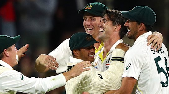 The Australians celebrate after completing a 4-0 series win in Hobart.