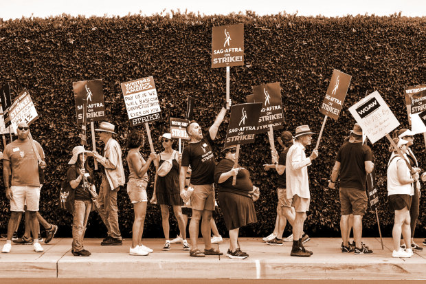 Picketers outside Paramount Studios in Los Angeles on July 17.