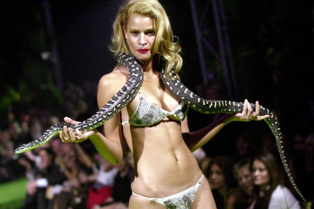 Snakes alive ... Kristy Hinze wears a $1 million bikini and a python for Tigerlily in 2001.